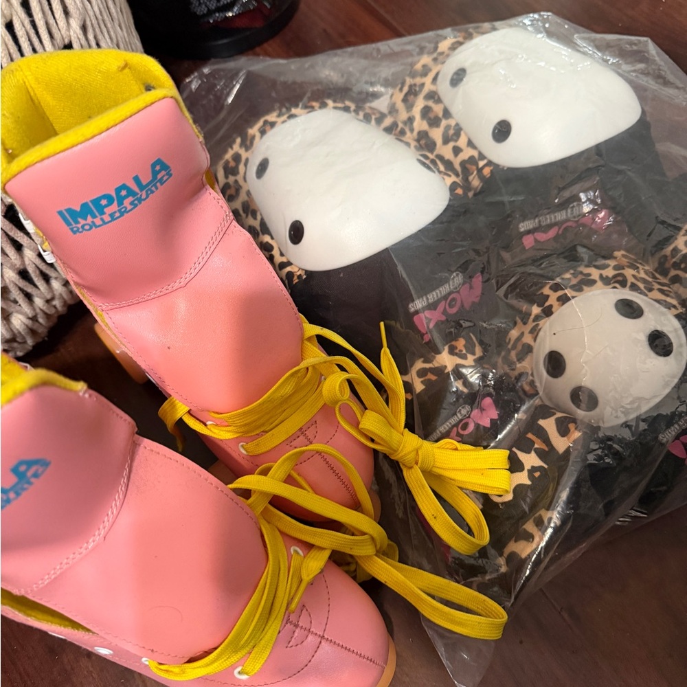 Impala Pink Roller Skates with Yellow Laces & MOXI Protective Set